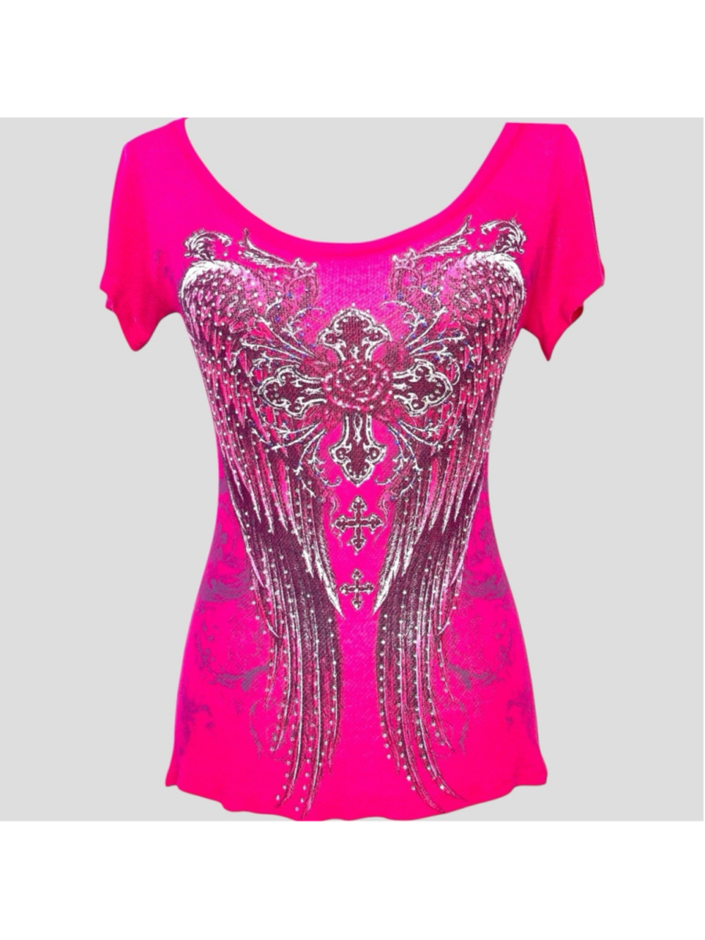Rhinestone Angel Wings Rose Cross Top S Cyber Y2K Mall Goth From LA By Bus Stop - Picture 2 of 16